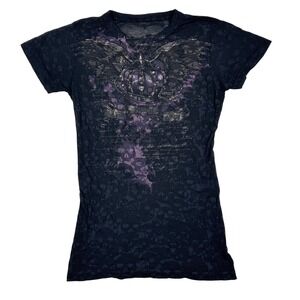 VTG Sinful Affliction Womens S Graphic T-Shirt Sheer Black Burnout Skull Y2K